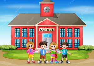 rentrée scolaire illustration 4 enfants devant une école